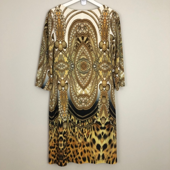 Chico’s Long Sleeve Gold Black Animal Print Dress Size 0 Small - Picture 5 of 7